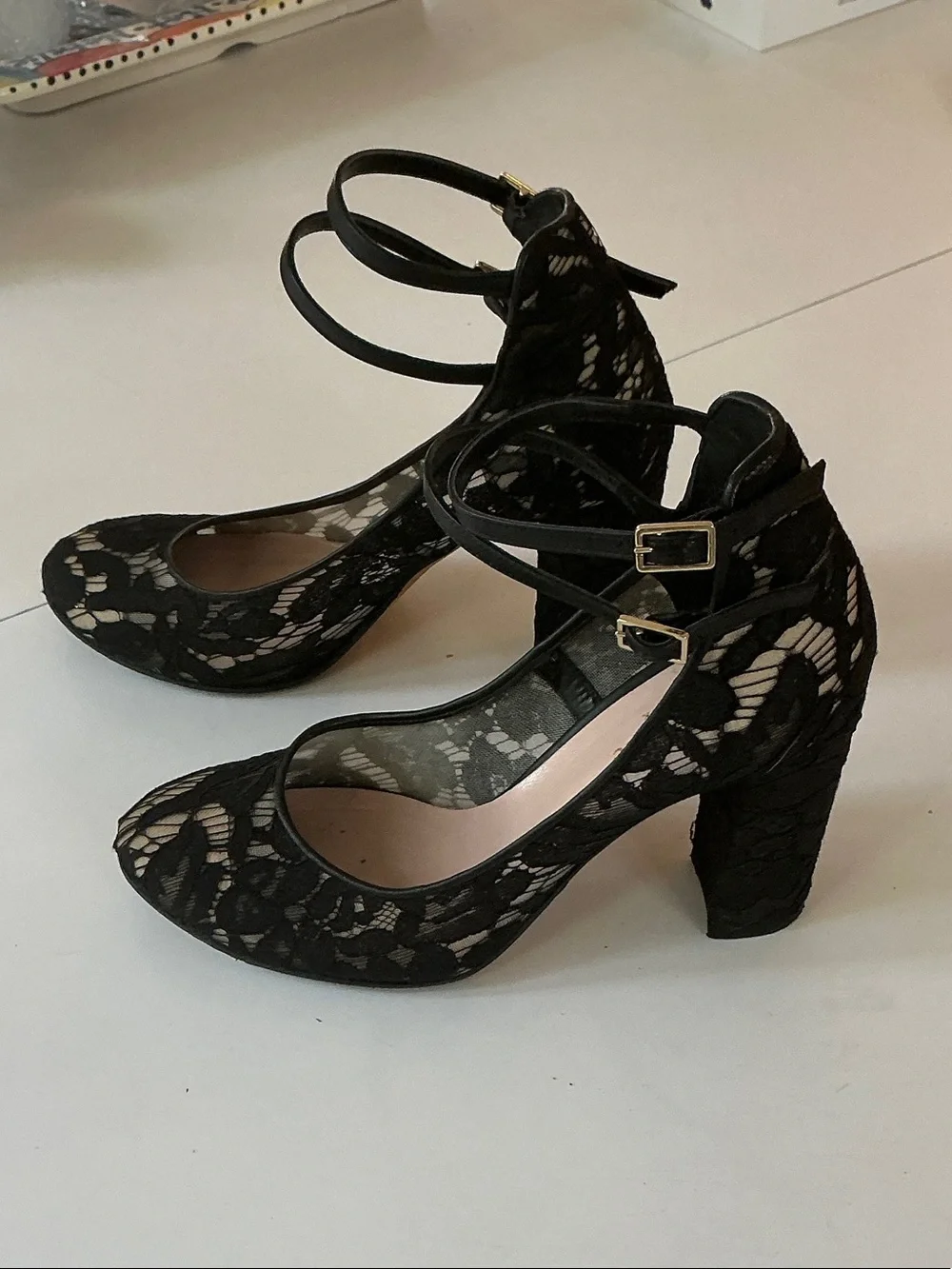 kate spade Black Lace Double-Ankle Block Heel Pumps